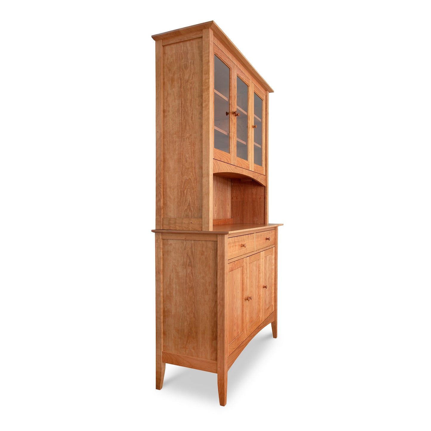 American Shaker 50" China Cabinet by Maple Corner Woodworks with upper glass doors and lower solid doors, featuring adjustable shelves against a white background.