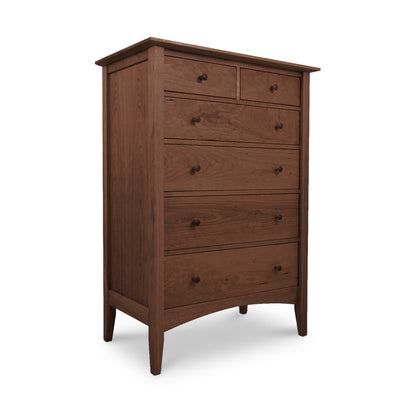 American Shaker 6-Drawer Chest by Maple Corner Woodworks, crafted in solid wood with six round-handled drawers: two smaller drawers atop four larger ones, exemplifying timeless Shaker elegance.