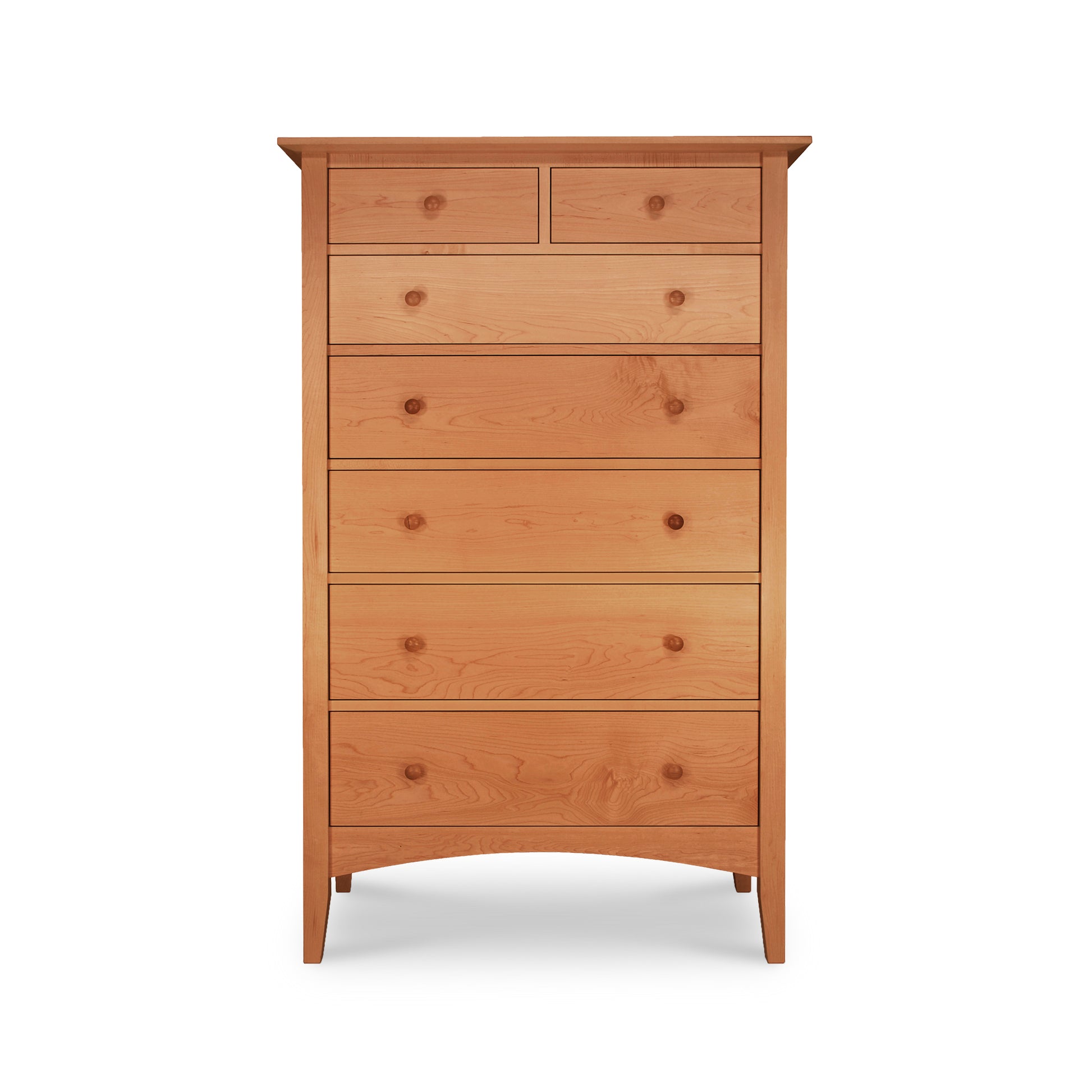 An eco-friendly wooden seven-drawer chest from the Maple Corner Woodworks American Shaker Furniture Collection, standing against a white background.