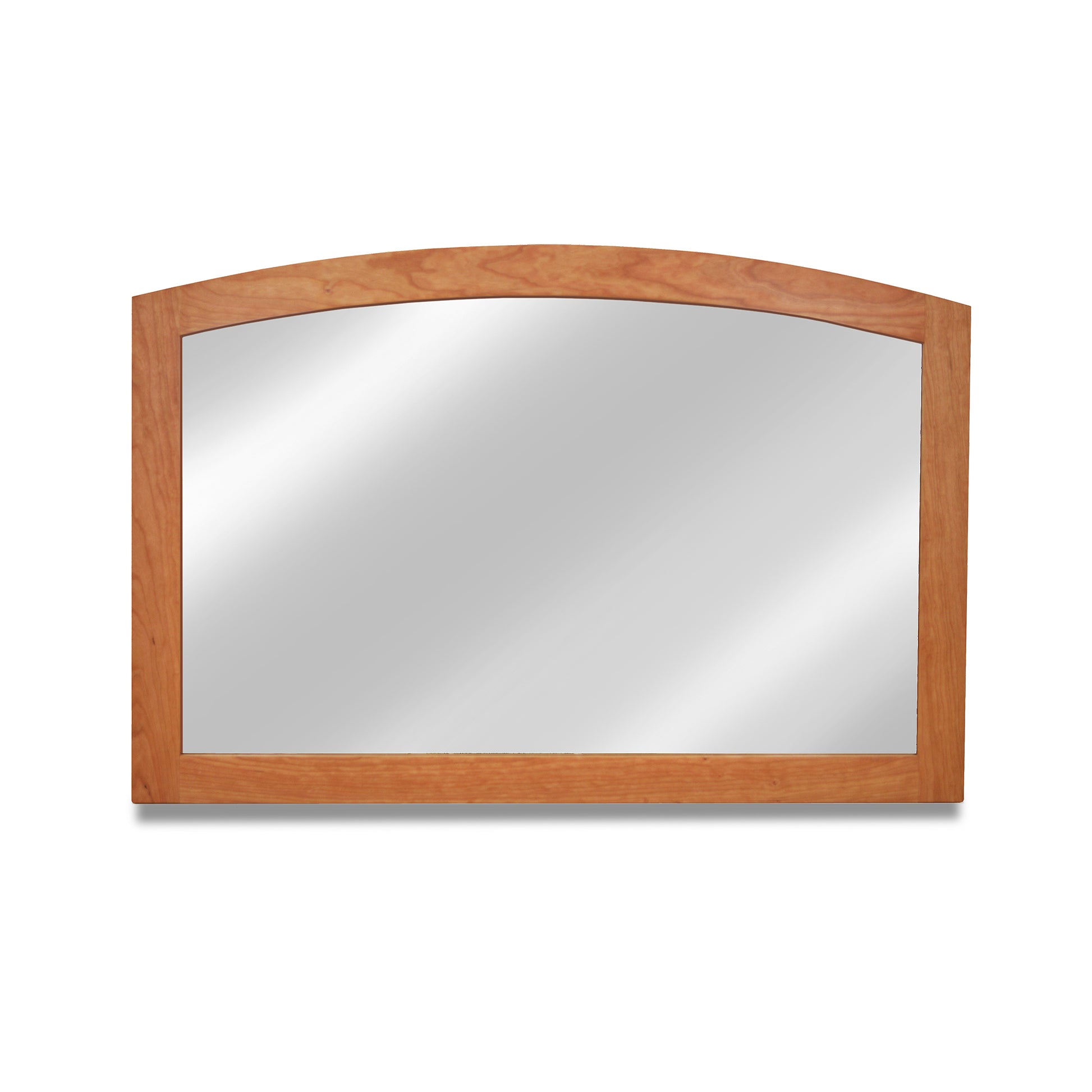 An American Shaker Arched Mirror with a hardwood frame on a white background, made by Maple Corner Woodworks.