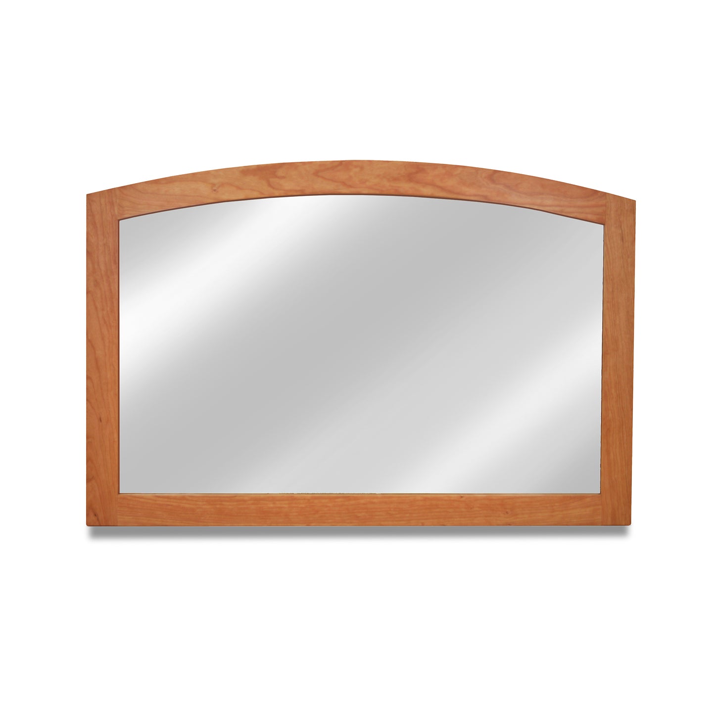 A sustainably harvested Maple Corner Woodworks American Shaker Arched Mirror isolated on a white background.