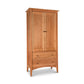 Maple Corner Woodworks American Shaker Armoire with a minimalist design, two doors, two drawers, and a natural wood finish.