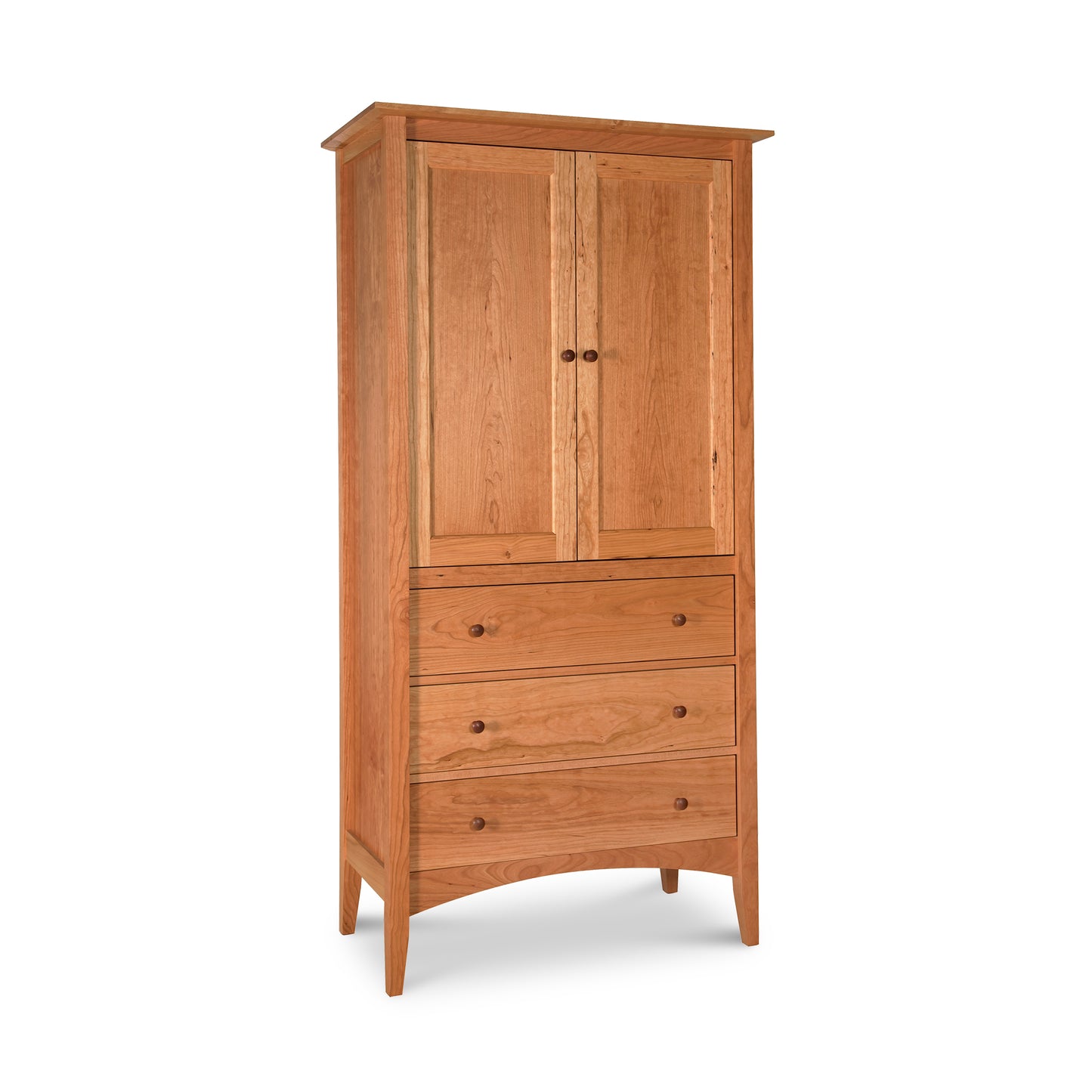 Maple Corner Woodworks American Shaker Armoire with solid wood construction, two doors, three drawers, and four legs.