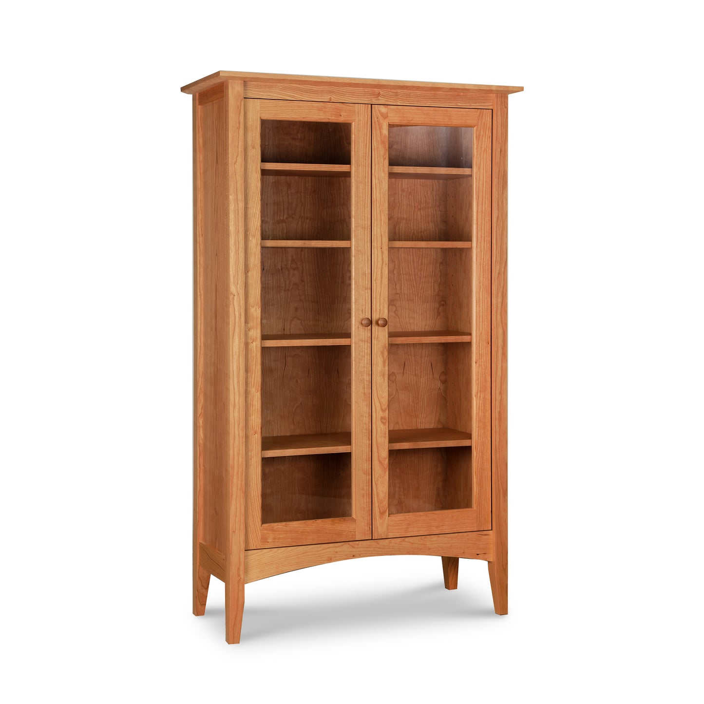 American Shaker Bookcase by Maple Corner Woodworks with glass double doors, four shelves, and four legs made from sustainable hardwood, crafted in the USA.