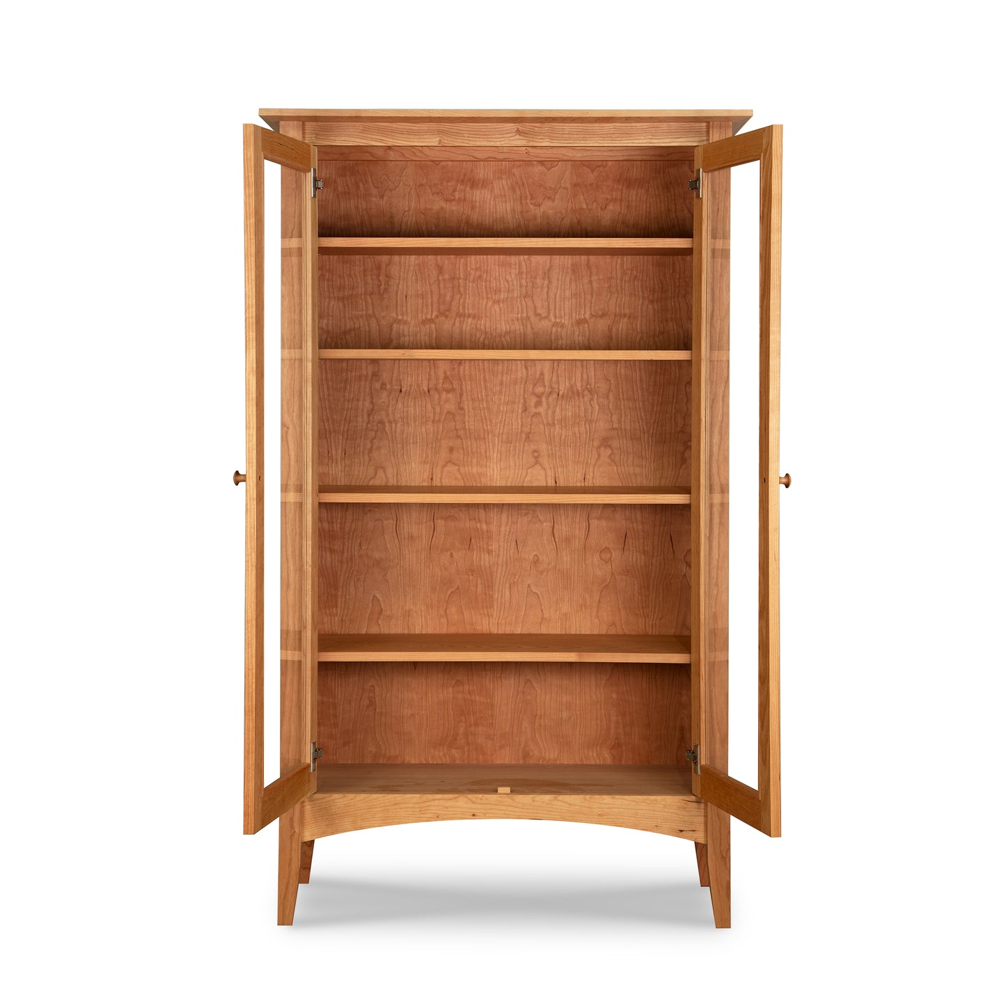 American Shaker Bookcase by Maple Corner Woodworks with glass double doors and four hardwood shelves, showcasing timeless American craftsmanship.
