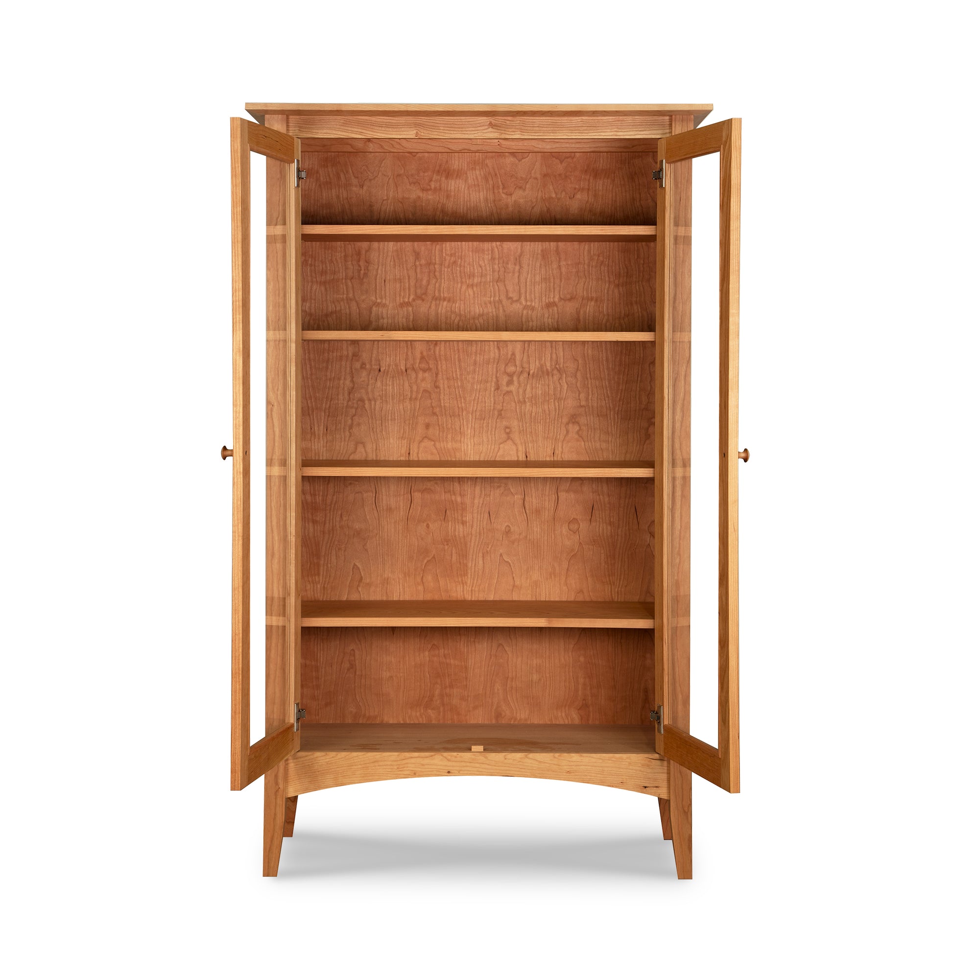 American Shaker Bookcase by Maple Corner Woodworks with glass double doors and four hardwood shelves, showcasing timeless American craftsmanship.