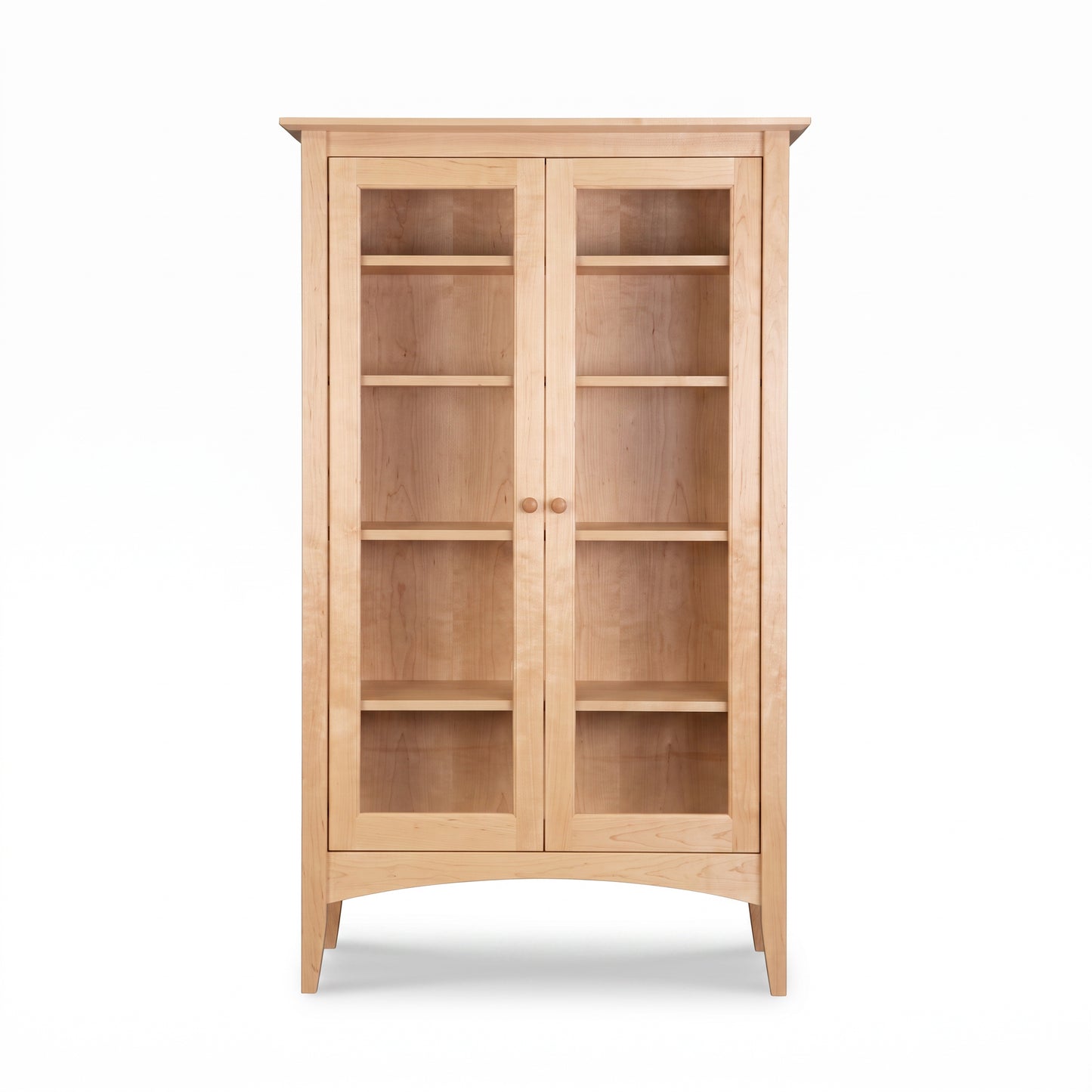 American Shaker Bookcase by Maple Corner Woodworks with glass double doors, five shelves, and round wooden handles, handcrafted in solid wood.