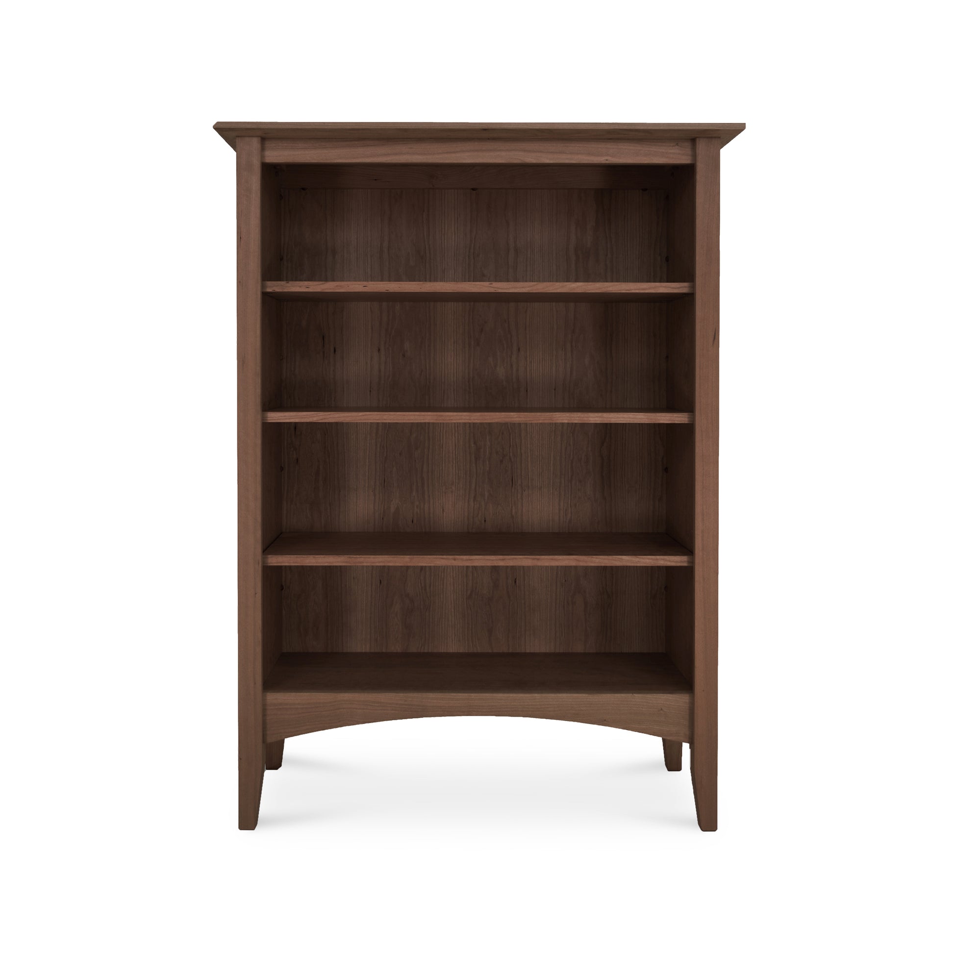 A brown Maple Corner Woodworks American Shaker bookcase on a white background.