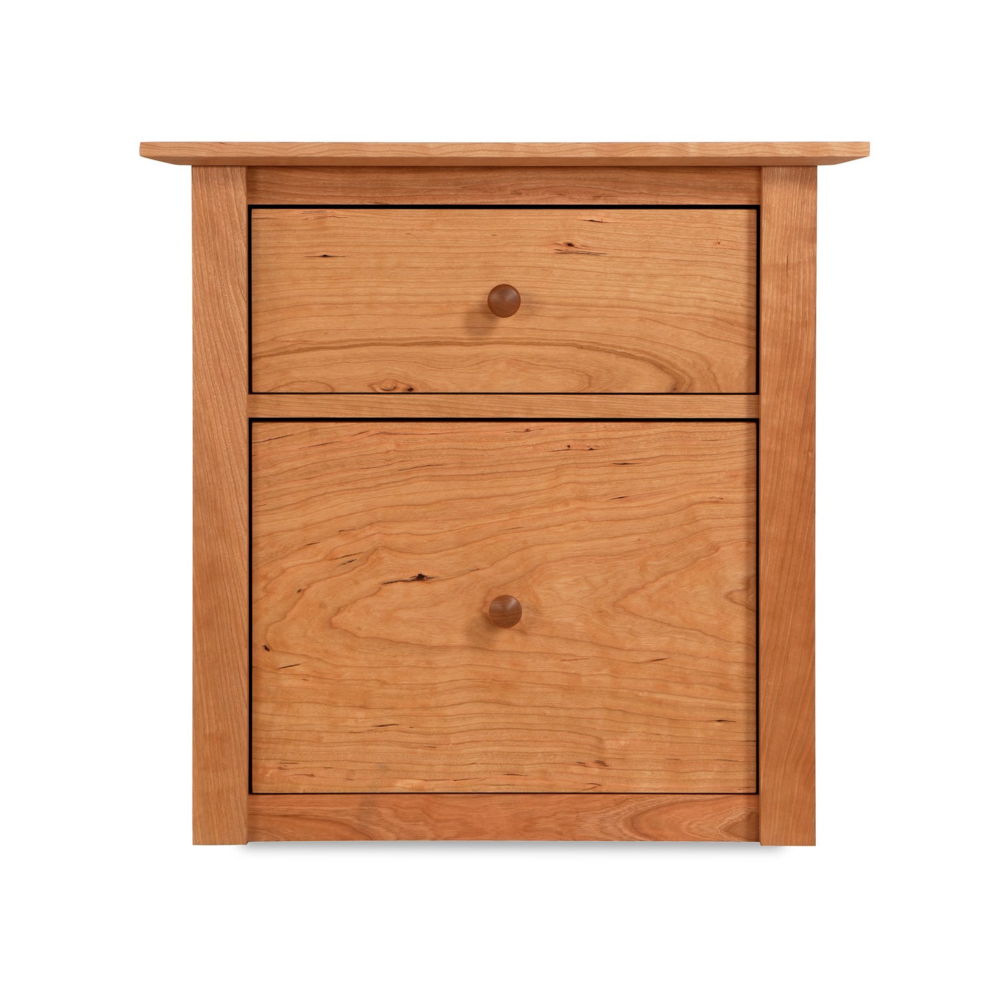 Wooden two-drawer nightstand with round knobs, isolated on a white background, inspired by Maple Corner Woodworks American Shaker File Cabinet.