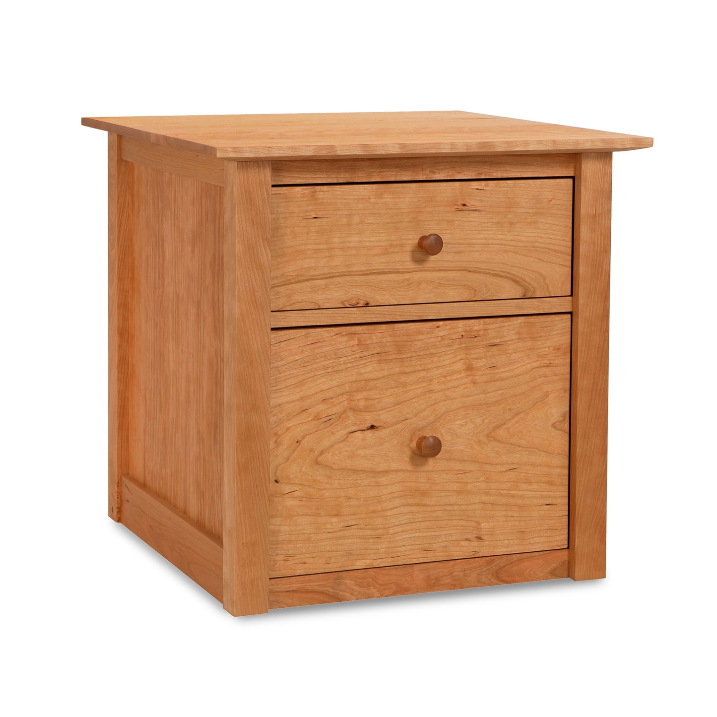 A wooden two-drawer Maple Corner Woodworks American Shaker file cabinet isolated on a white background.