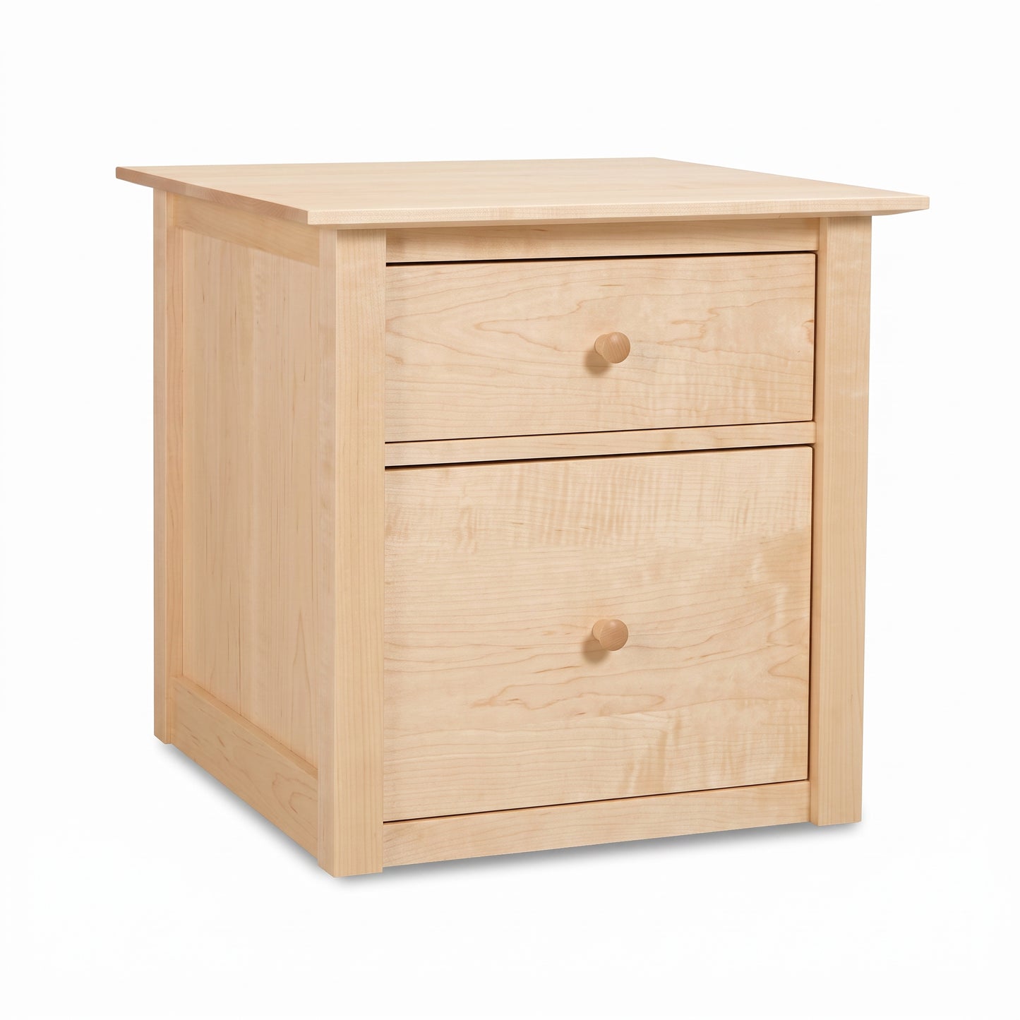 American made light wood nightstand with two drawers, handcrafted by Maple Corner Woodworks, inspired by classic Shaker file cabinet design.