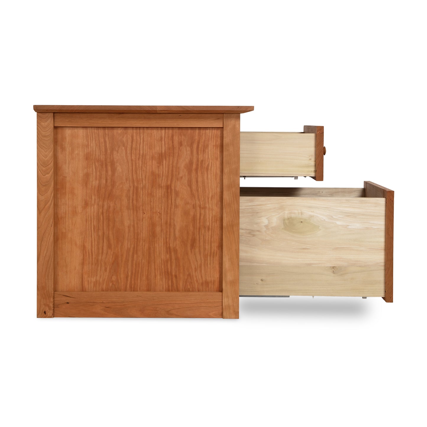 Wooden bed frame partially disassembled, showcasing headboard and side components, against a white background with a Maple Corner Woodworks American Shaker File Cabinet adjacent.