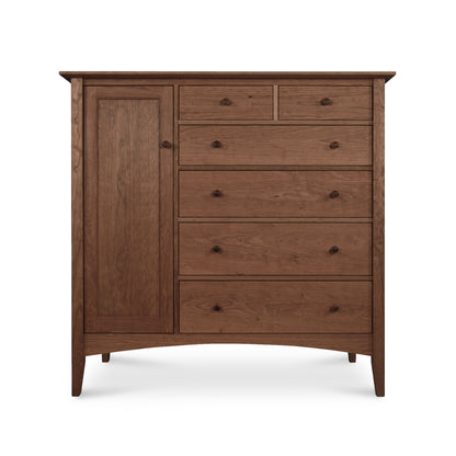 Solid hardwood dresser by Maple Corner Woodworks with one door and six drawers, showcasing American Shaker Gent's Chest design, round knobs, and a smooth finish for functional elegance.