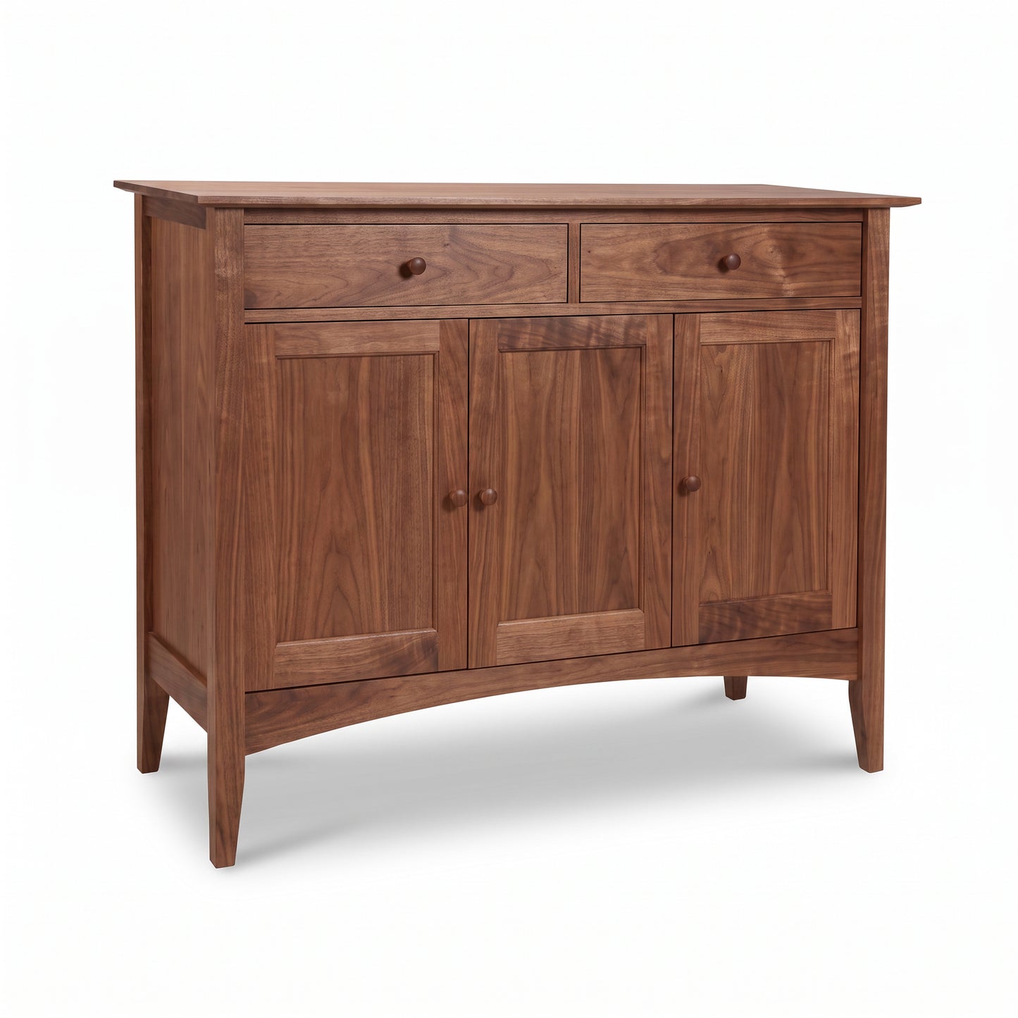 American Shaker Medium Sideboard by Maple Corner Woodworks with two drawers, three doors, angled legs, and a smooth handcrafted finish.