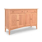 Maple Corner Woodworks American Shaker large wooden sideboard with two drawers and three doors on a white background.