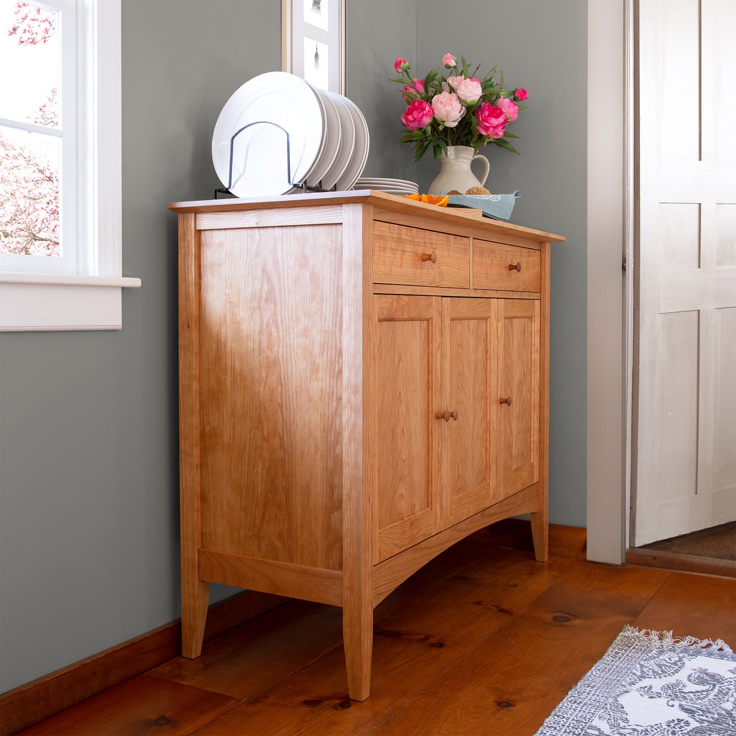 American Shaker Medium Sideboard by Maple Corner Woodworks featuring drawers, cabinets, and display space for decor or tableware.