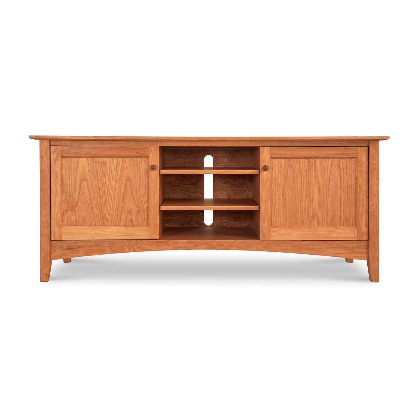 Solid hardwoods Maple Corner Woodworks American Shaker 67" TV Stand with open shelves and closed cabinets on a white background.