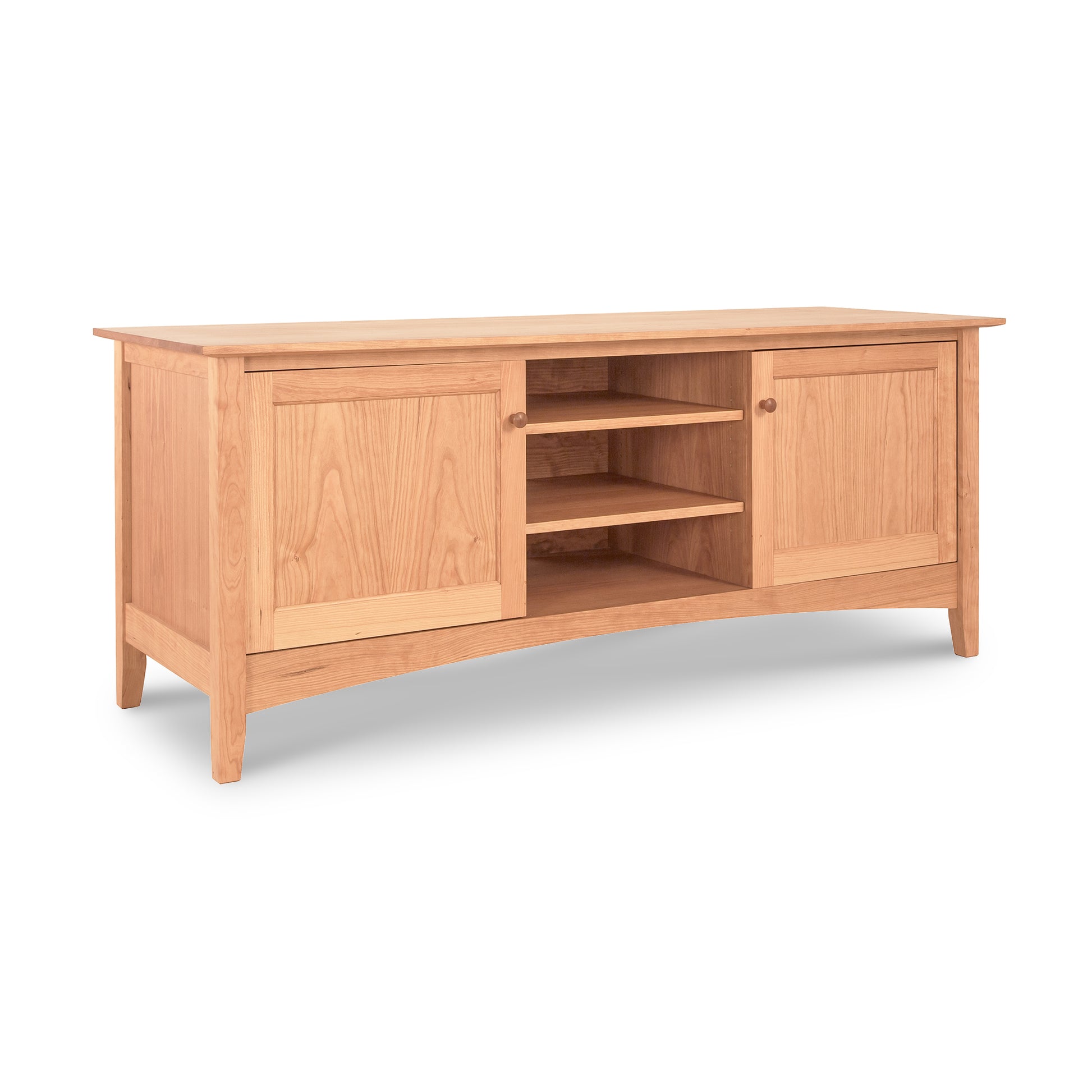 Maple Corner Woodworks American Shaker 67" TV Stand with open central shelves and closed cabinets on both sides, isolated on a white background.