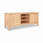 American Shaker 67″ TV Stand by Maple Corner Woodworks in solid hardwood, featuring 2 side cabinets, 3 open shelves, and classic shaker design.