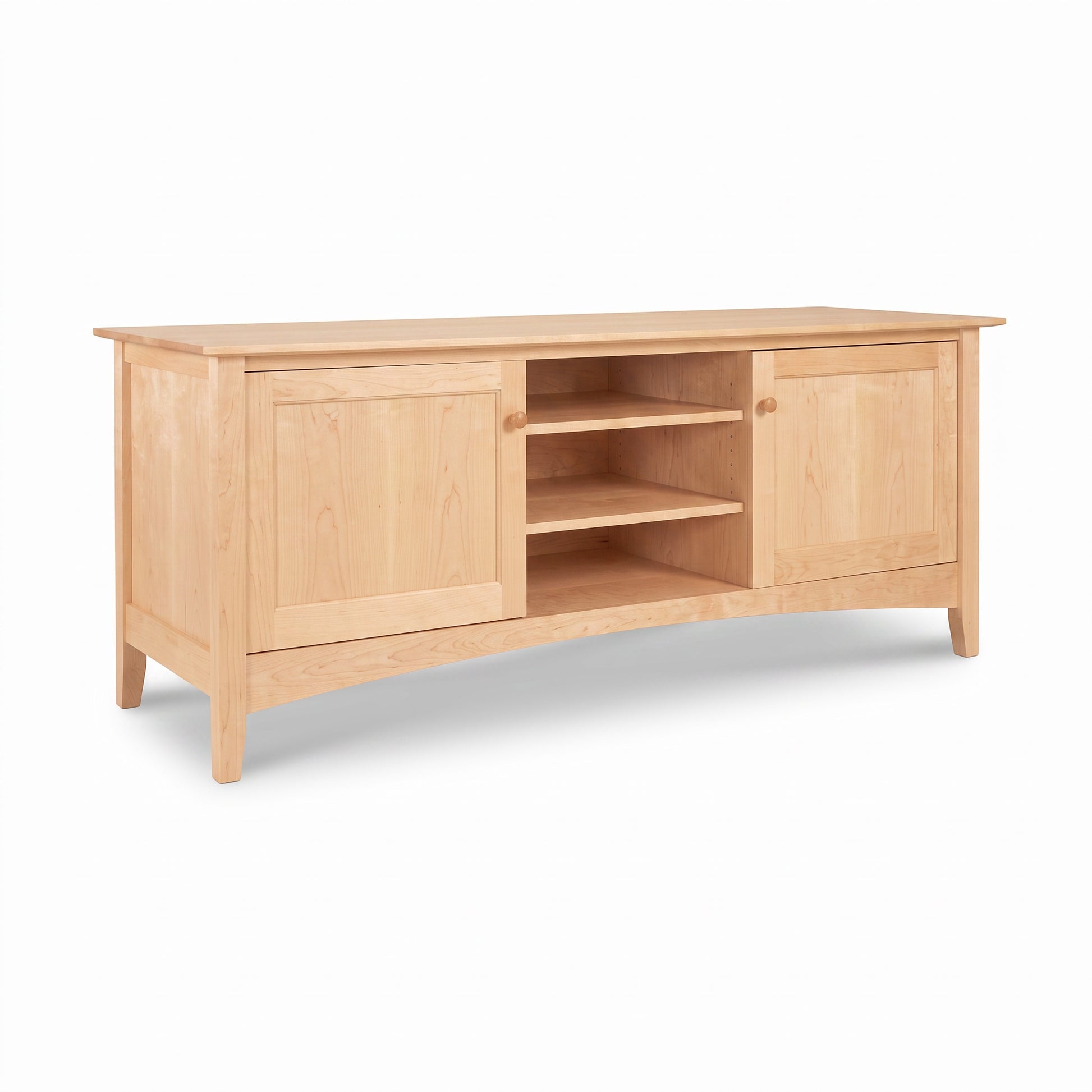 American Shaker 67″ TV Stand by Maple Corner Woodworks in solid hardwood, featuring 2 side cabinets, 3 open shelves, and classic shaker design.