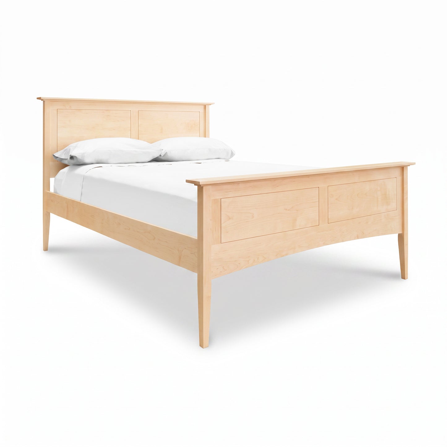 American Shaker Panel Bed by Maple Corner Woodworks with white bedding, featuring fine craftsmanship and classic panel design.