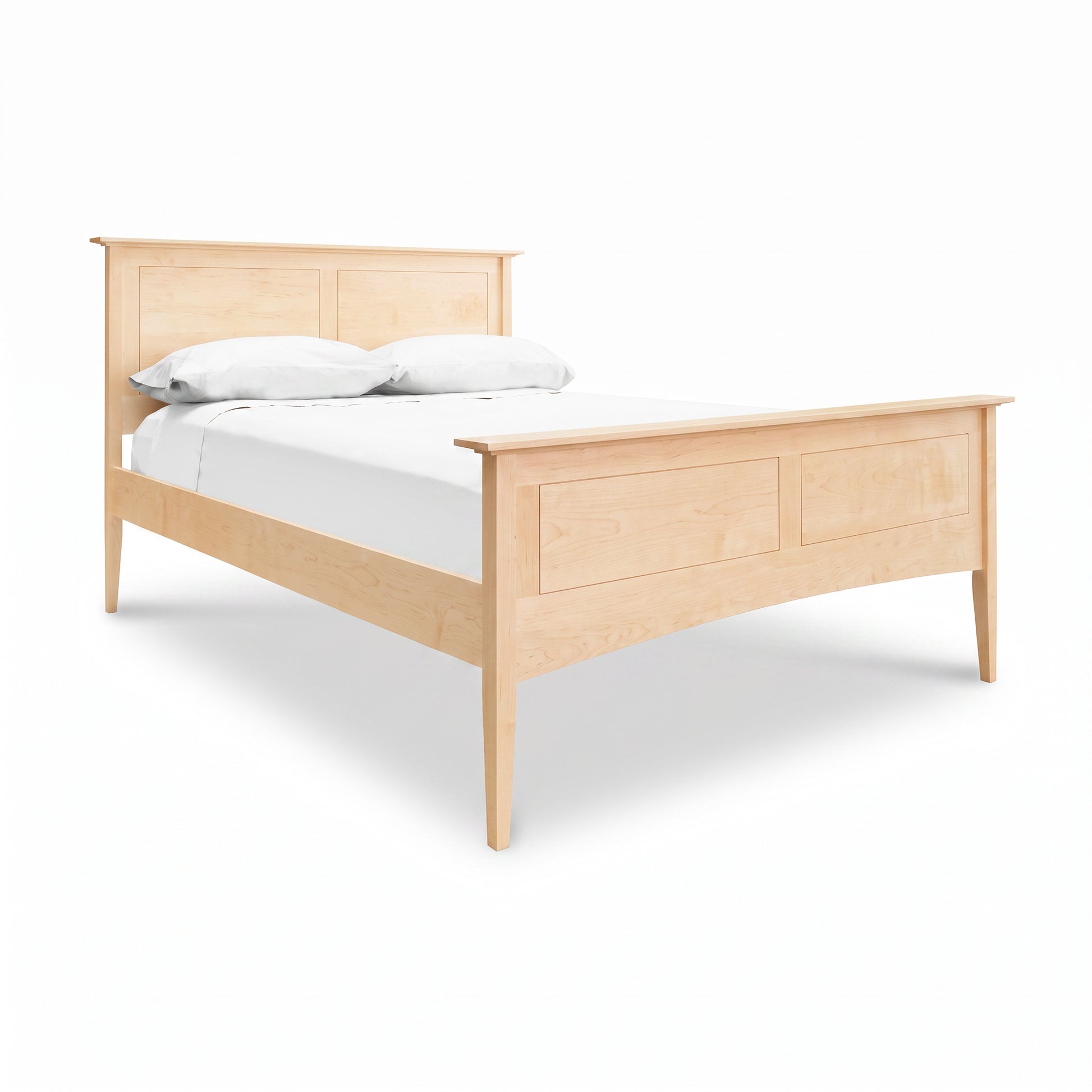 American Shaker Panel Bed by Maple Corner Woodworks with white bedding, featuring fine craftsmanship and classic panel design.