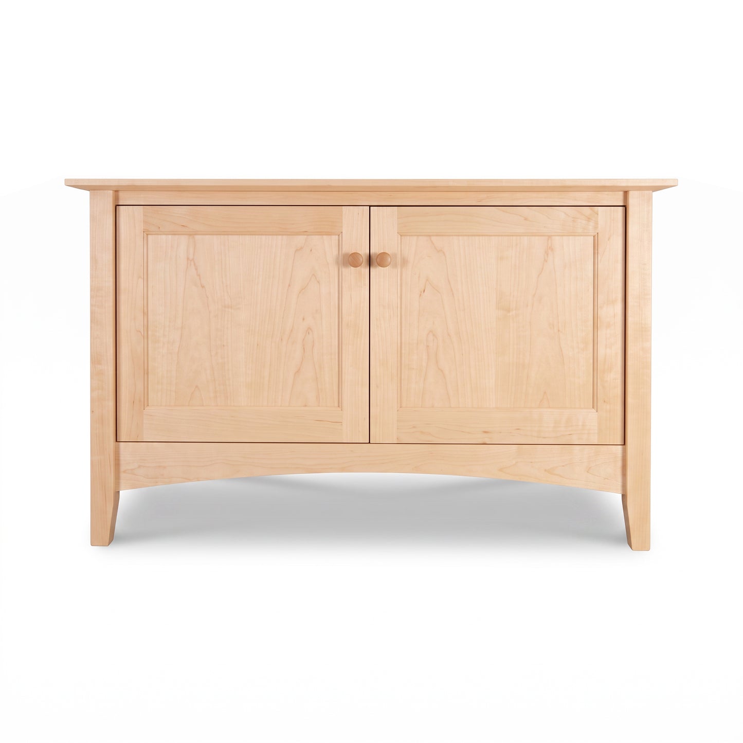 American Shaker 48″ TV Stand by Maple Corner Woodworks, light wood, flat top, two doors with round knobs, classic handcrafted design.