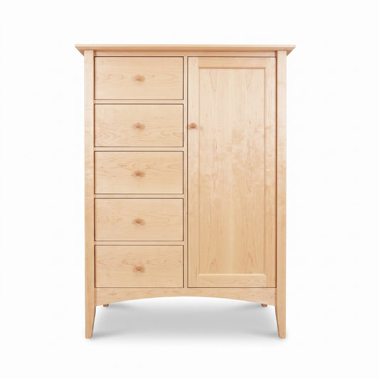 Maple Corner Woodworks American Shaker Sweater Chest with five drawers, cabinet door, and handcrafted Vermont hardwood construction.