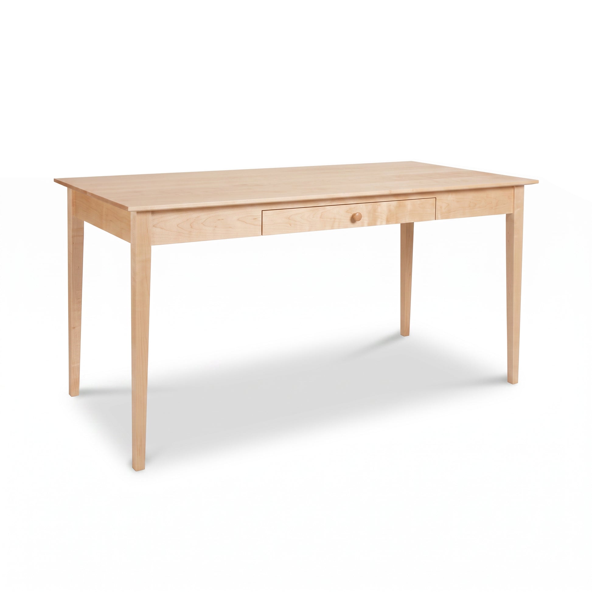 American Shaker Writing Desk by Maple Corner Woodworks with center drawer, tapered legs, and handcrafted Vermont quality shown prominently.