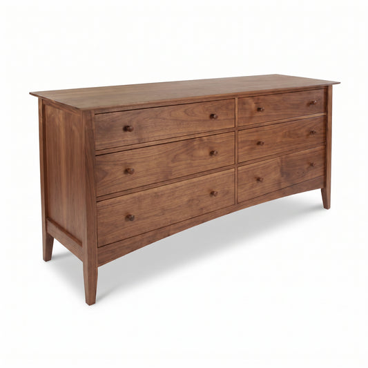 American Shaker 6-Drawer Dresser by Maple Corner Woodworks showcasing solid wood construction, two columns, round knobs, and expert Vermont craftsmanship.