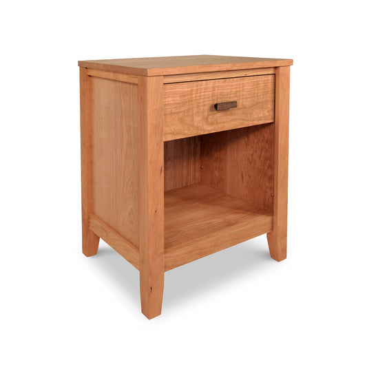 A Maple Corner Woodworks Andover Modern 1-Drawer Enclosed Shelf Nightstand with a single drawer and an open shelf, set against a white background. The nightstand has a smooth finish with visible wood grain.