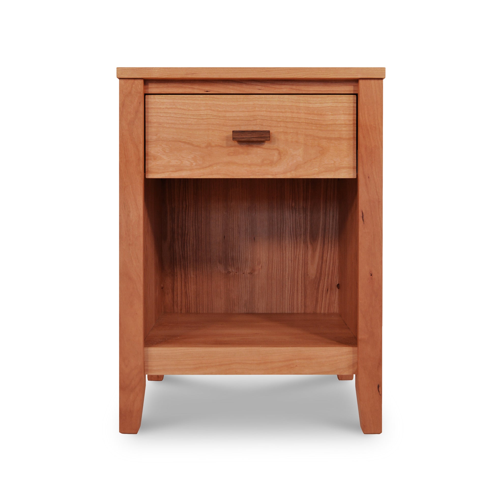 A Maple Corner Woodworks Andover Modern 1-Drawer Enclosed Shelf Nightstand with a single drawer and an open shelf below, photographed on a white background. The wood has a natural, warm tone and a smooth finish.
