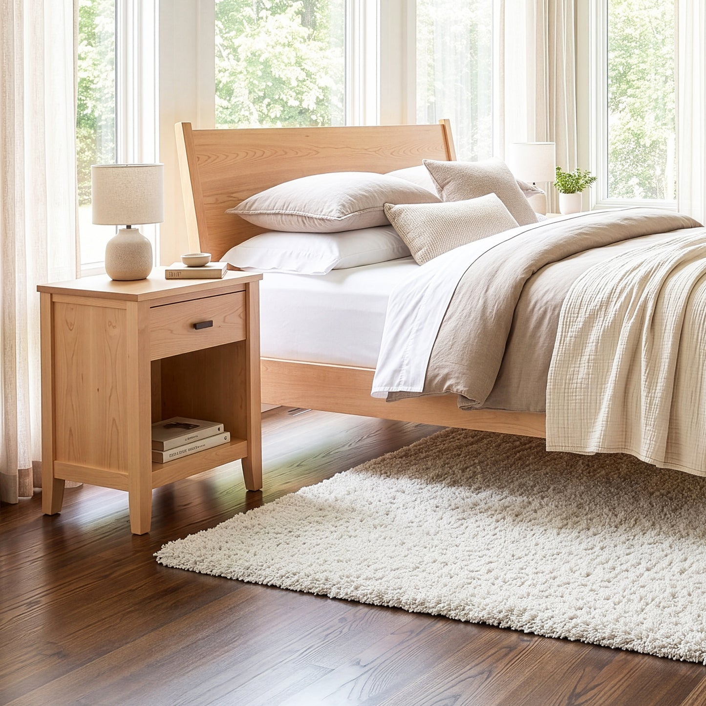 The Andover Modern Nightstand by Maple Corner Woodworks is displayed beside a bed in a bright, minimalist bedroom.