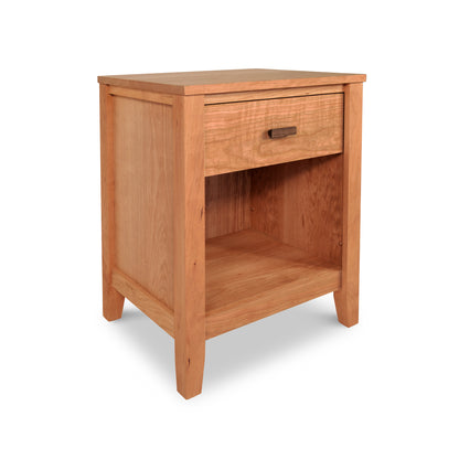 Andover Modern 1-Drawer Enclosed Shelf Nightstand by Maple Corner Woodworks featuring a single drawer and an open lower shelf. Crafted with Vermont craftsmanship, the nightstand has a plain design with a flat top and stands isolated on a white background.