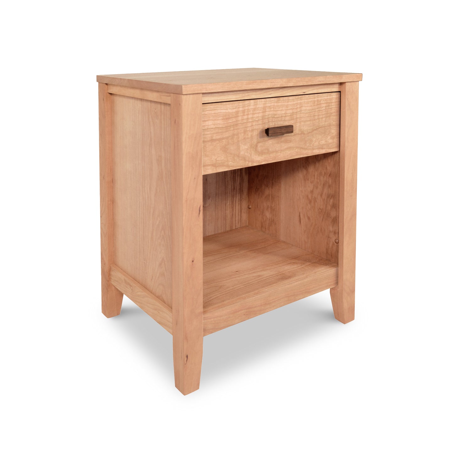 A Maple Corner Woodworks Andover Modern 1-Drawer Enclosed Shelf Nightstand featuring a single drawer and an open shelf below, isolated on a white background.