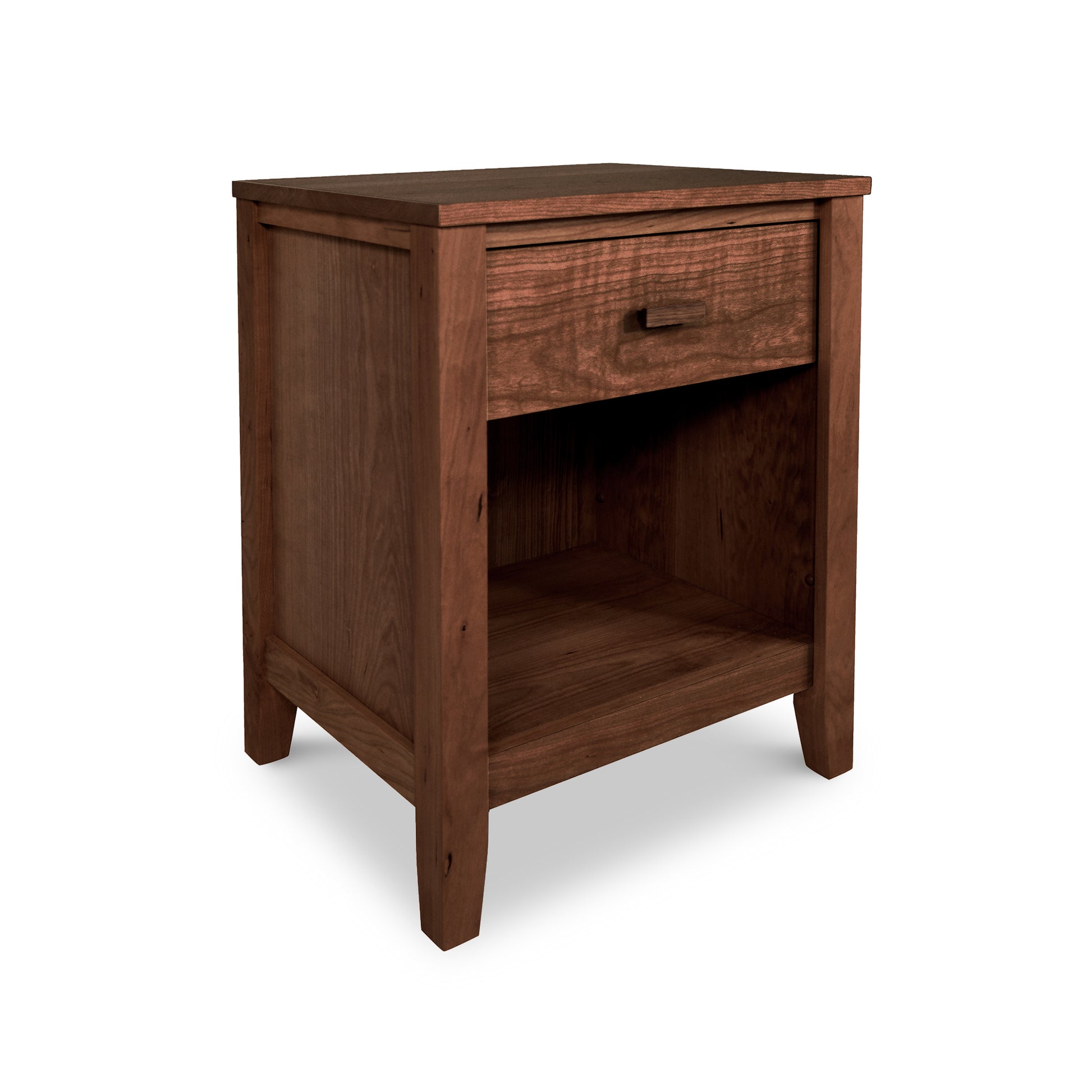 A Maple Corner Woodworks Andover Modern 1-Drawer Enclosed Shelf Nightstand crafted in Vermont, featuring a single drawer and an open shelf below, isolated on a white background. The furniture is made of dark-stained wood with visible grain texture from sustainably harvested sources.