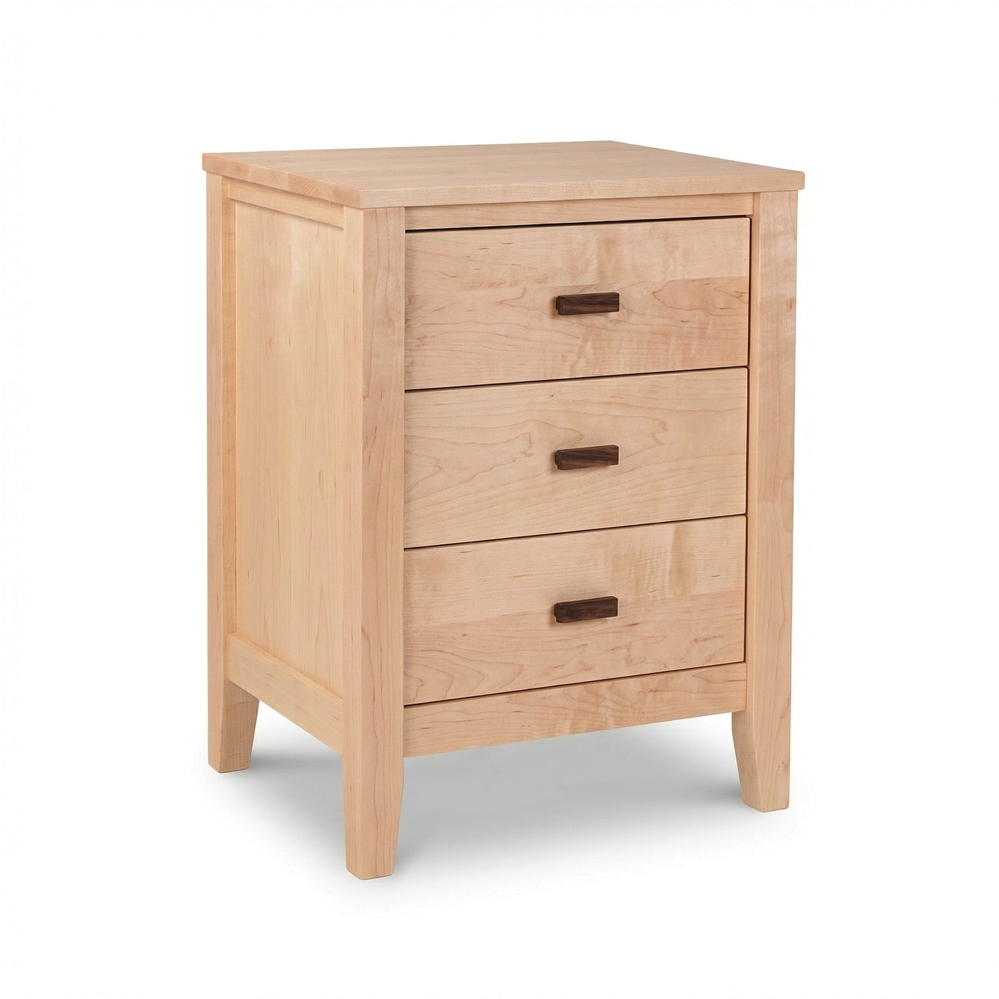 Andover Modern 3-Drawer Nightstand by Maple Corner Woodworks in light wood with dark handles, showcasing quality American craftsmanship.