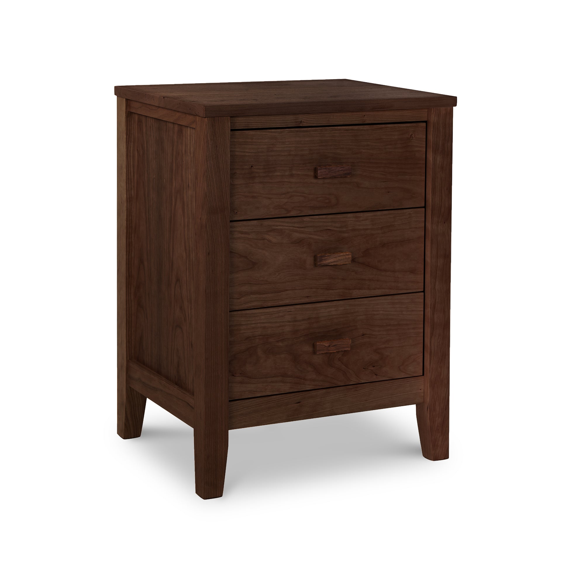 An Maple Corner Woodworks Andover Modern 3-Drawer Nightstand in a rich walnut finish, isolated on a white background. The drawers have simple, horizontal pull handles.