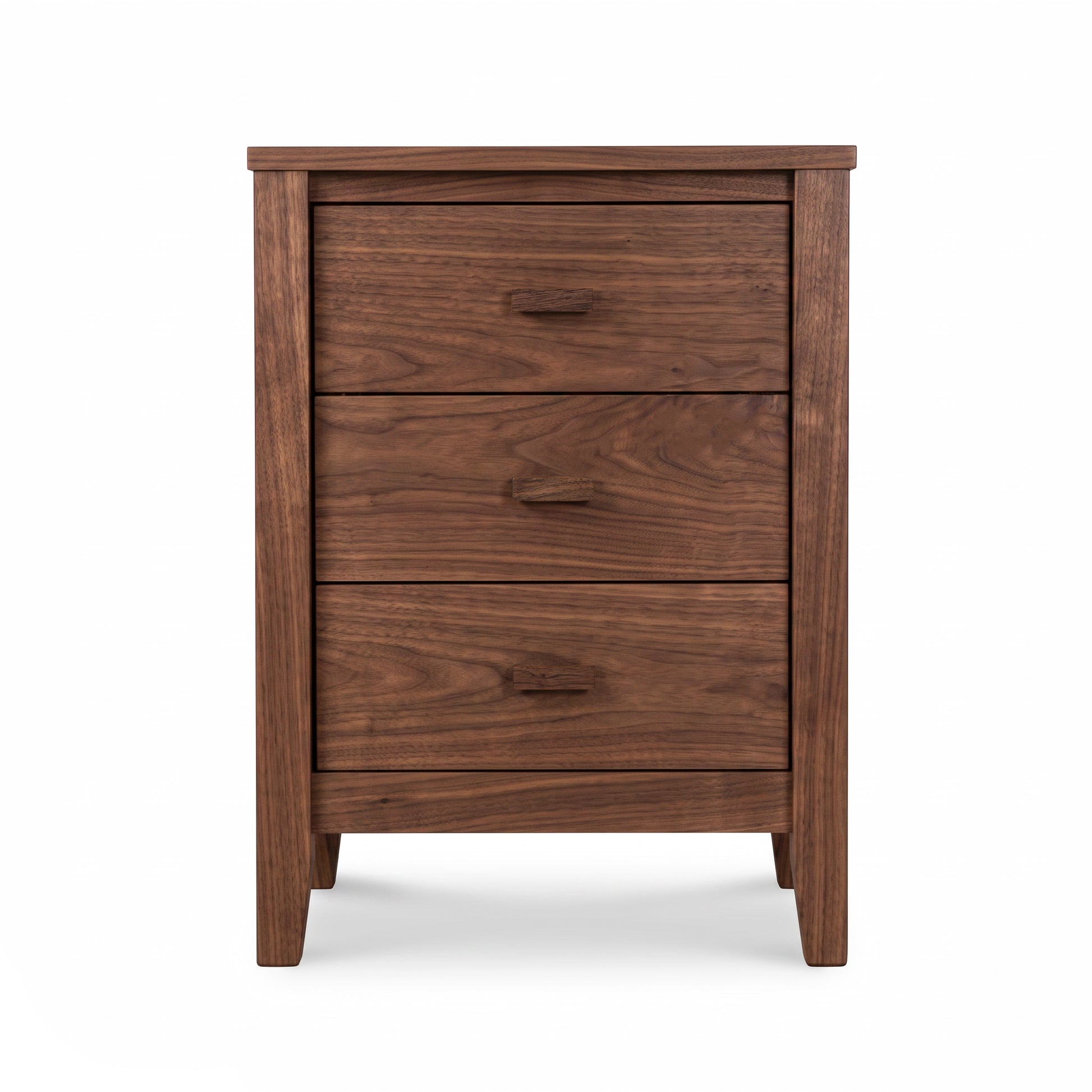 Andover Modern 3-Drawer Nightstand by Maple Corner Woodworks in dark natural walnut wood, handcrafted American furniture with sleek, modern lines.
