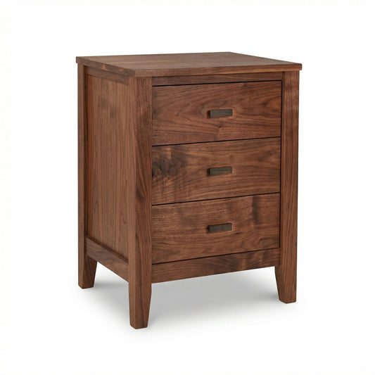 Andover Modern 3-Drawer Nightstand by Maple Corner Woodworks, handcrafted from solid wood with metal handles, American made.