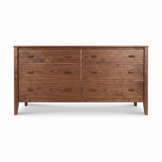 Maple Corner Woodworks Andover Modern 6-Drawer Dresser in solid walnut, featuring angled legs and a flat top, handcrafted by Vermont artisans.