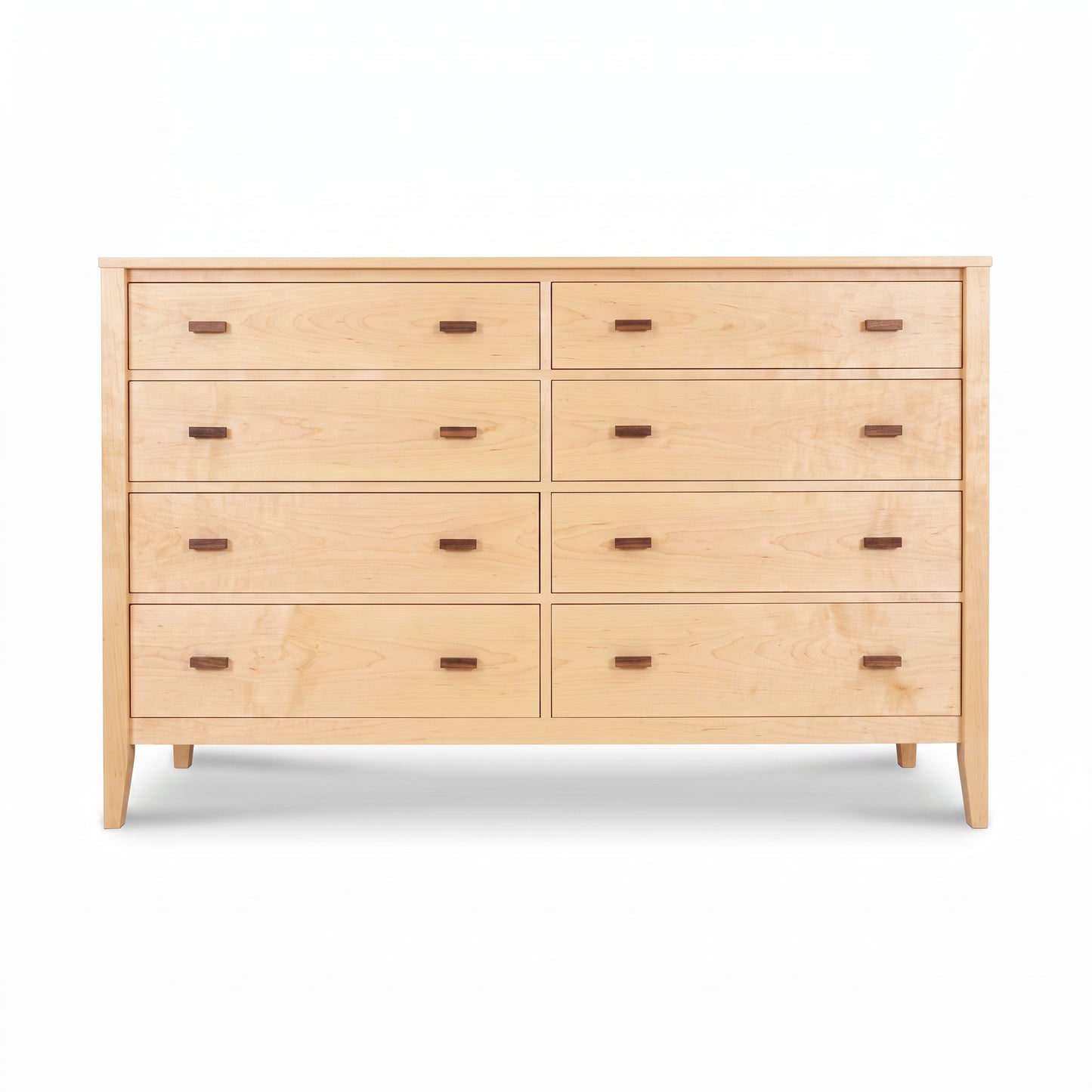 Andover Modern 8-Drawer Dresser by Maple Corner Woodworks, solid hardwood, dark brown pulls, sturdy four-leg base. American made quality furniture.