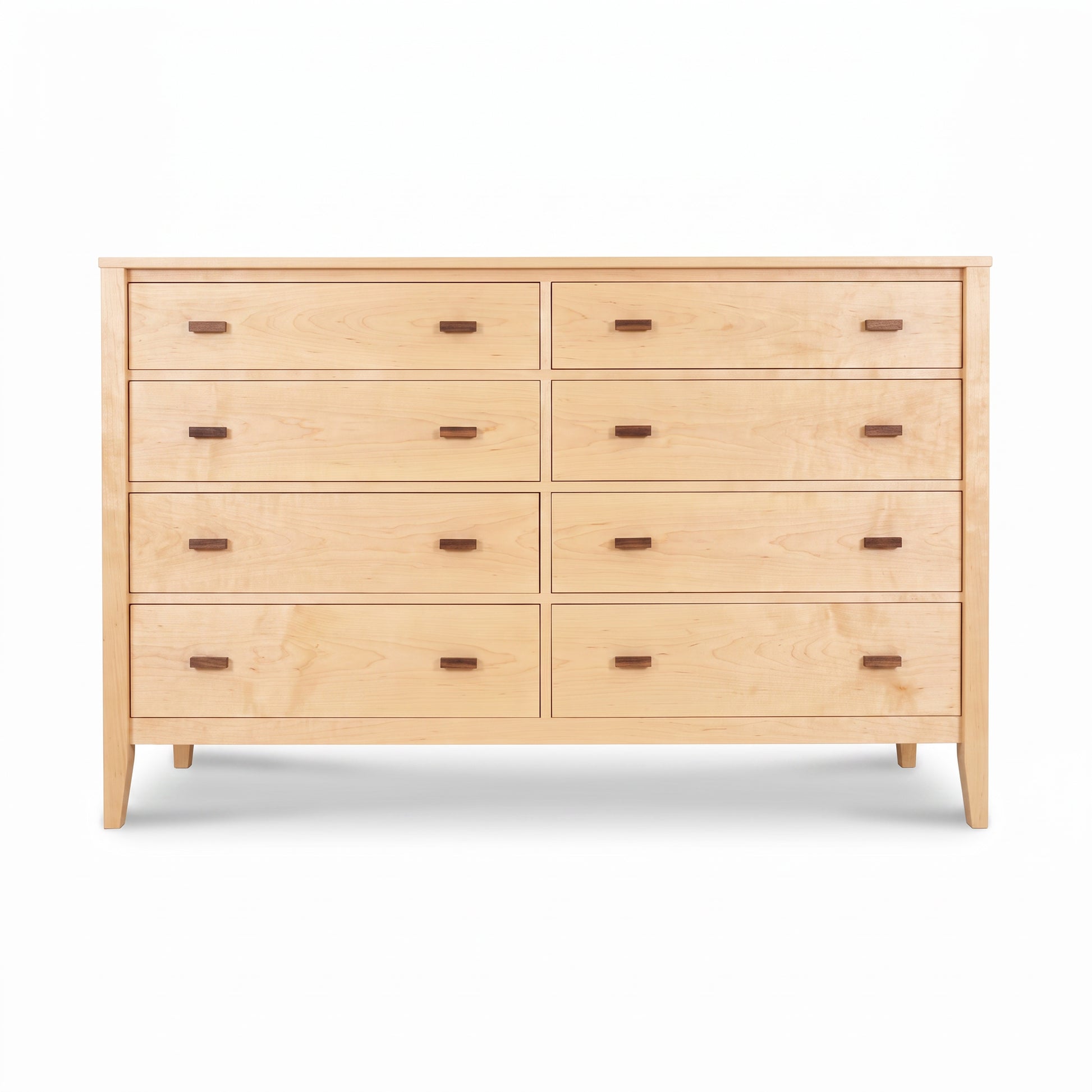 Andover Modern 8-Drawer Dresser by Maple Corner Woodworks, solid hardwood, dark brown pulls, sturdy four-leg base. American made quality furniture.