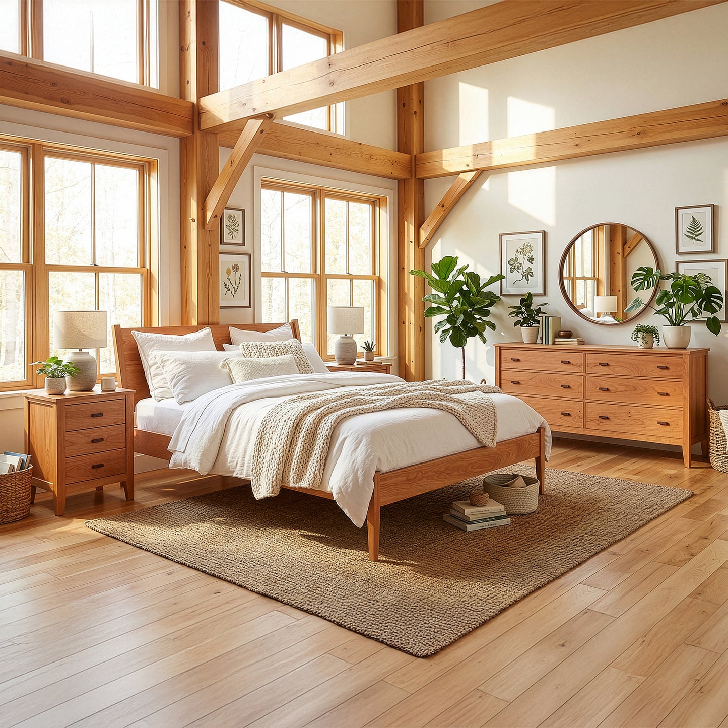 Maple Corner Woodworks’ Andover Modern Incline Bed is the centerpiece of a bright bedroom, showcasing high quality American craftsmanship.