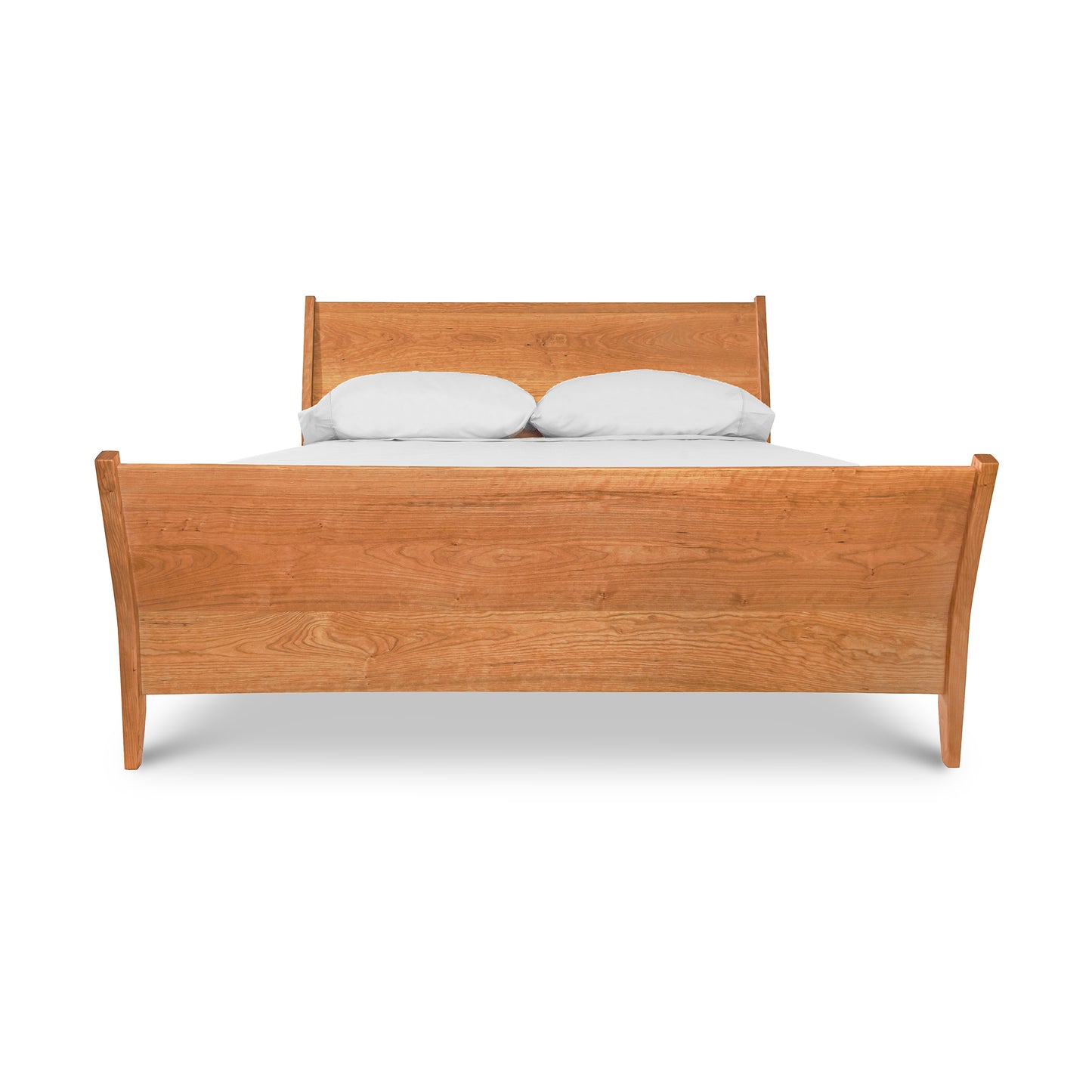 A Maple Corner Woodworks Andover Modern Incline Sleigh Bed with a high, slatted headboard and a contemporary sleigh footboard, featuring two white pillows. The bed is set against a white background.