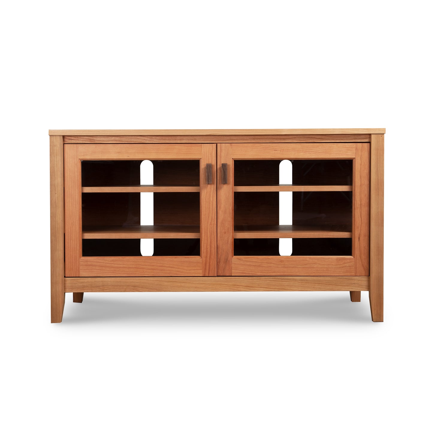 Andover Modern 45" TV Stand by Maple Corner Woodworks with glass doors, two shelves, and handcrafted from sustainable American hardwood.