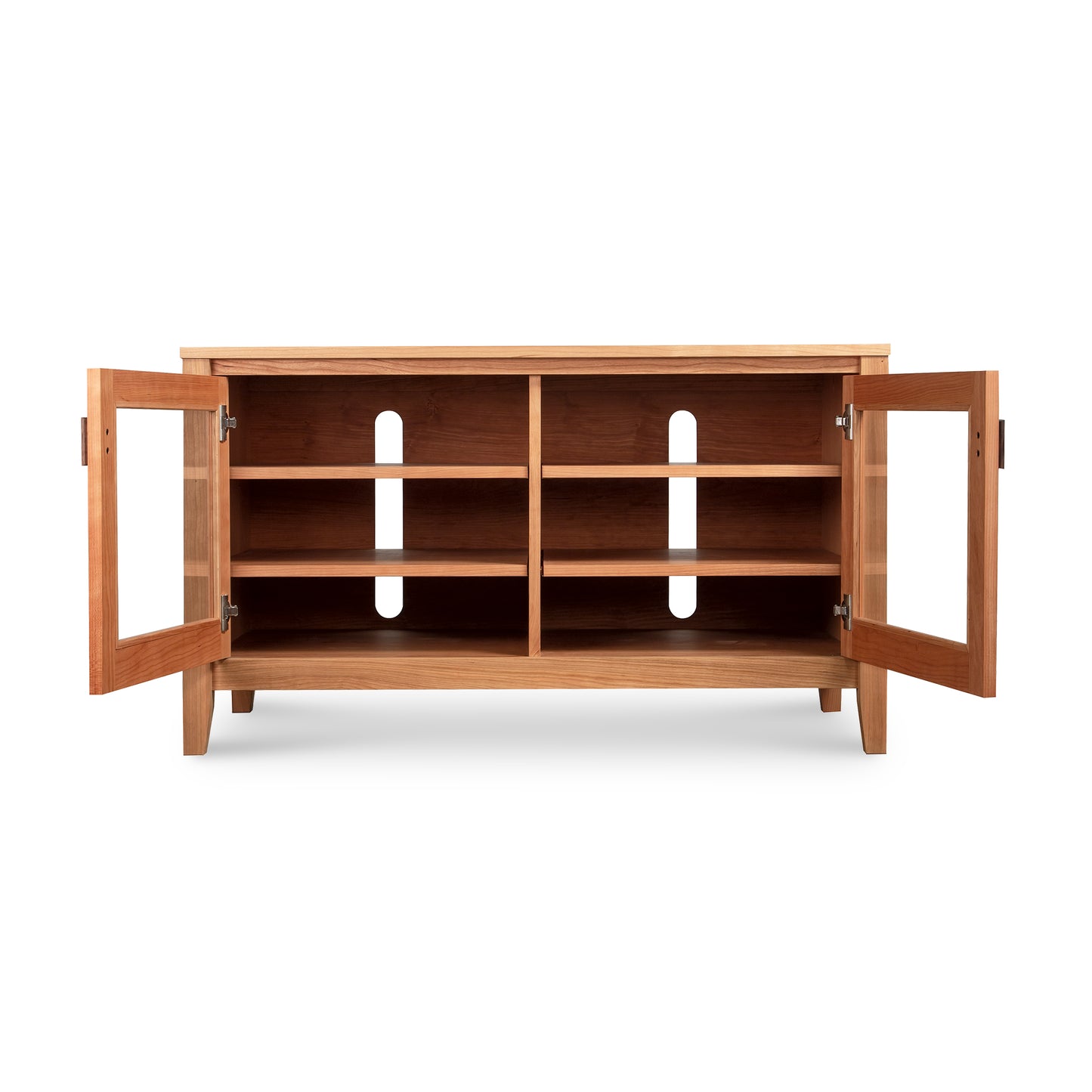 Andover Modern 45" TV Stand by Maple Corner Woodworks, featuring glass doors, four shelves, cable management, and crafted from sustainable hardwood.