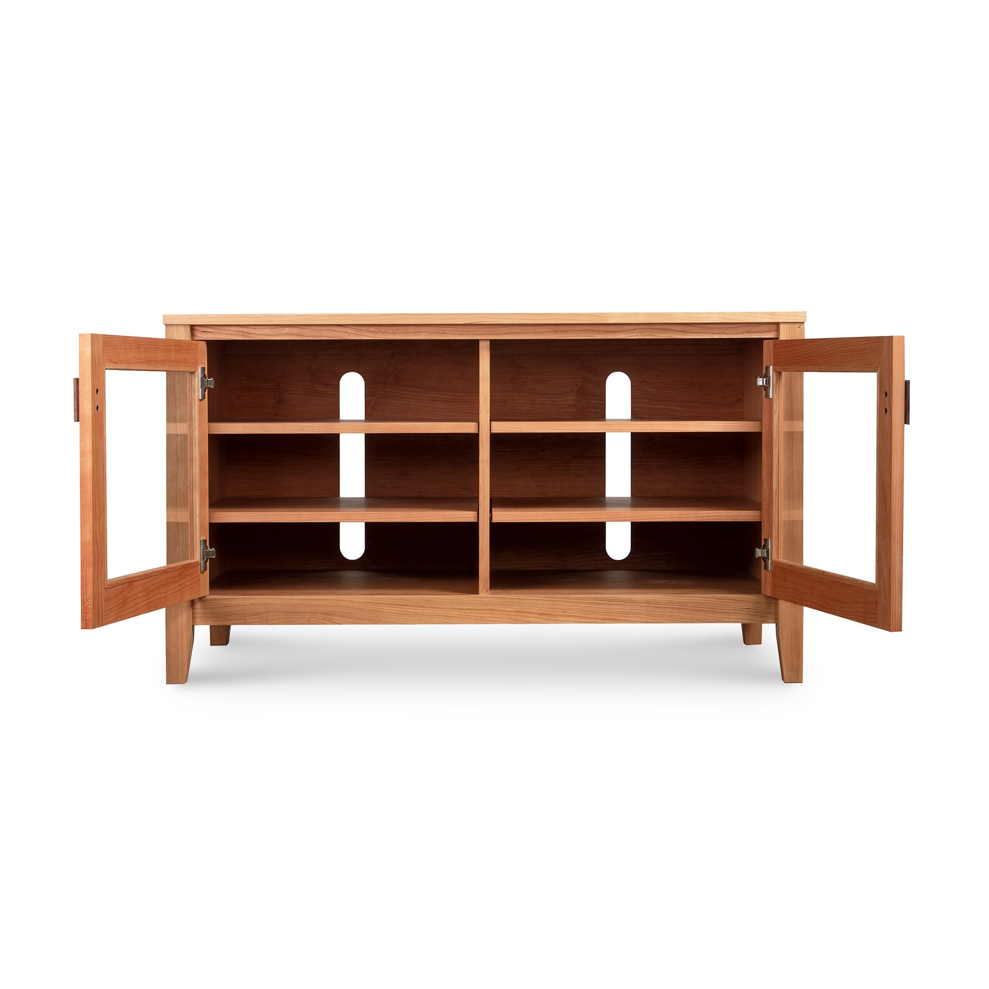 Andover Modern 45" TV Stand by Maple Corner Woodworks, featuring glass doors, four shelves, cable management, and crafted from sustainable hardwood.