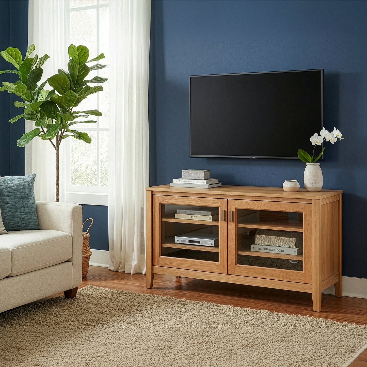 Maple Corner Woodworks Andover Modern 45" TV Stand in a living room, showcasing high quality American made wood furniture.