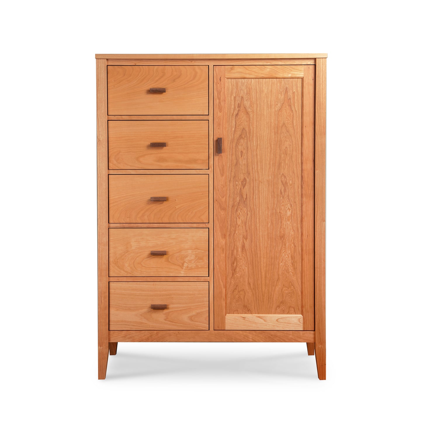 Andover Modern Sweater Chest by Maple Corner Woodworks with five drawers, one door, and four legs. High quality, American made bedroom storage furniture.